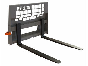 BERLON pallet forks for old style single pin MUSTANG skid steer mounting