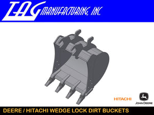 TAG WEDGE LOCK DIRT BUCKETS FOR JOHN DEERE AND HITACHI, 2500 LB TO 14000 LB EXCAVATORS