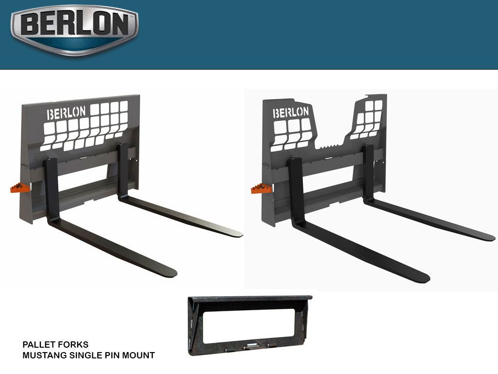 BERLON pallet forks for old style single pin MUSTANG skid steer mounting