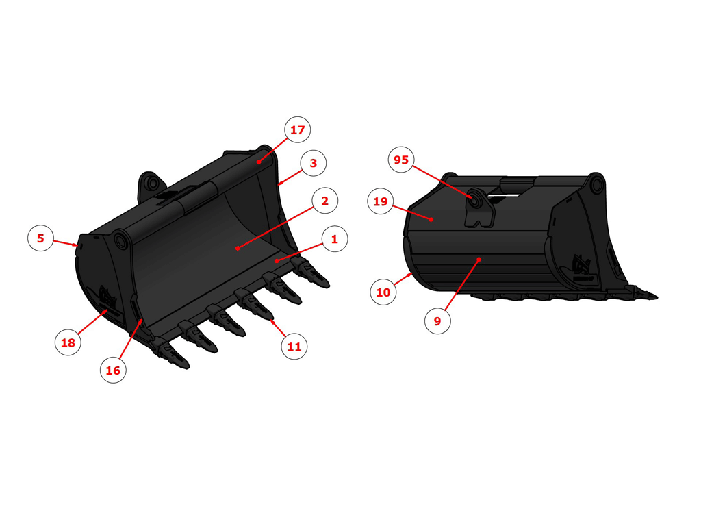 RHINOX Tag / CP / Wain Roy Quick Hitch Dirt Buckets for 10,000 to 12,000 Lbs. Machines (1.25" T-pin)