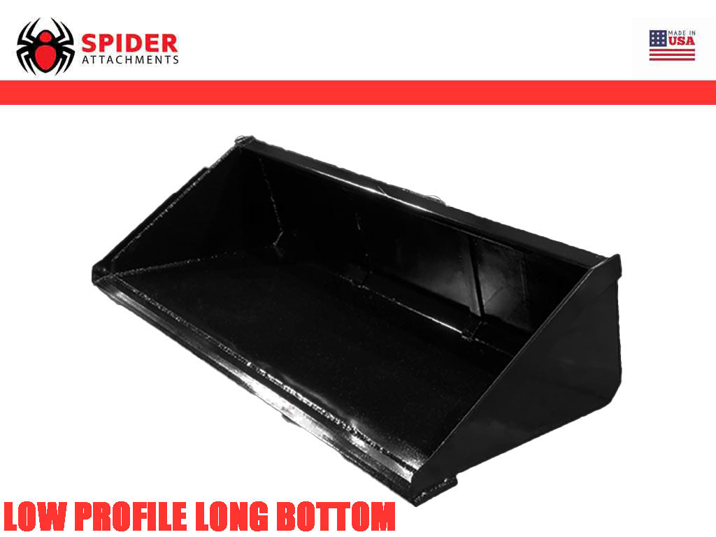 SPIDER Attachments Heavy duty low profile long bottom buckets for skid steer loaders