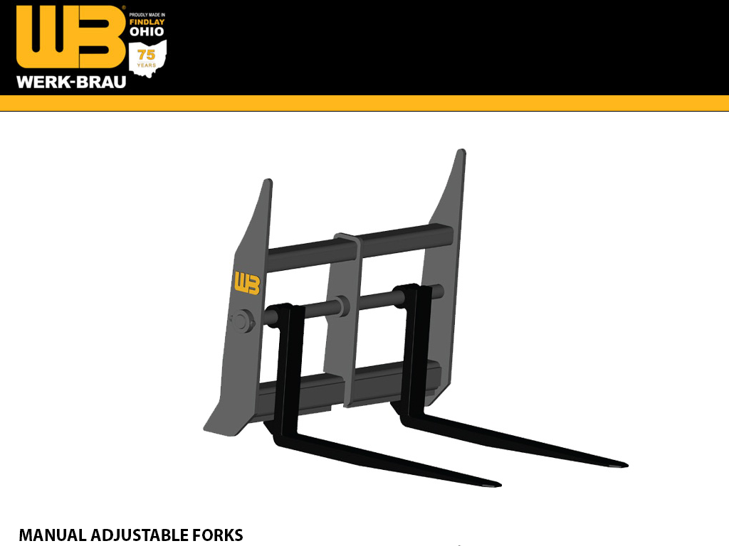 WERK-BRAU Manual Adjustable Forks for Wheel loaders 14,000 - 30,000 lbs. (class 1, 2 & 3)