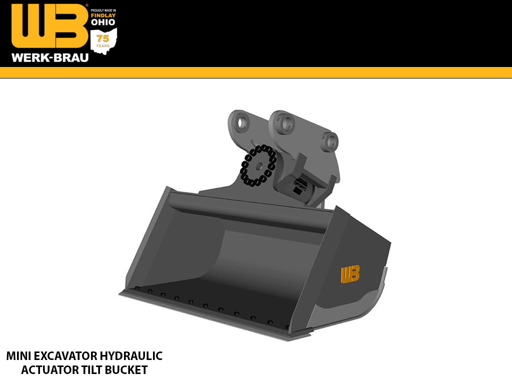 WERK-BRAU Hydraulic Actuator Tilt Bucket for 11,000 - 14,000 lbs. Excavators. (Mini 3)