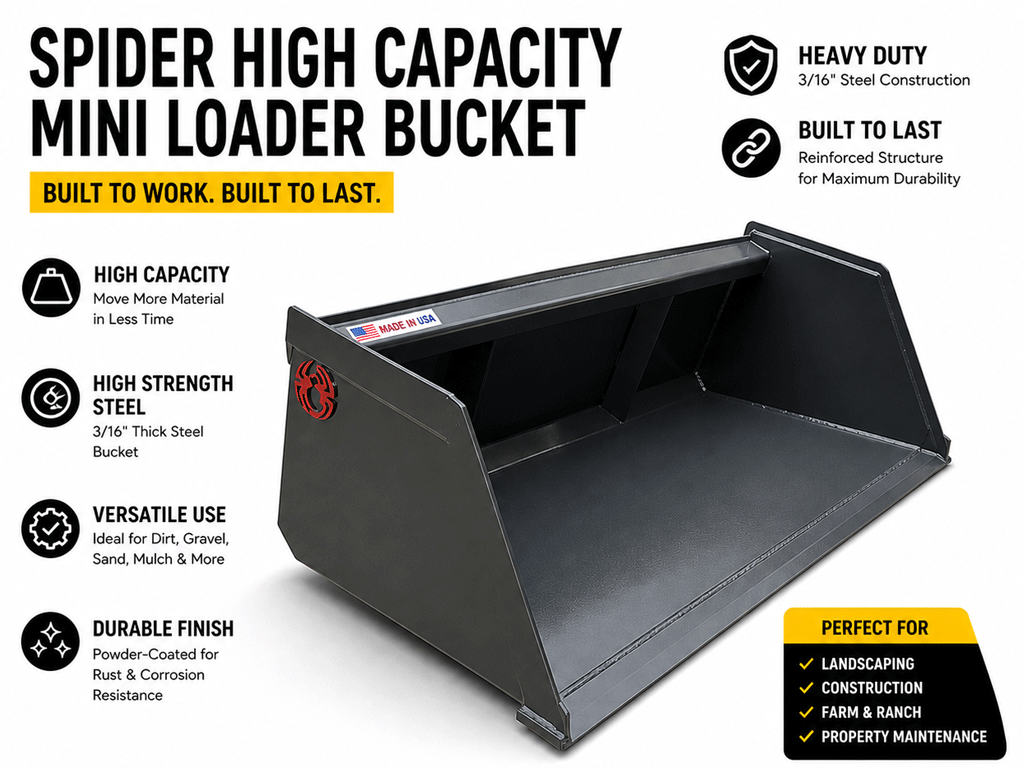 SPIDER ATTACHMENTS Snow and Mulch high capacity bucket for mini loader