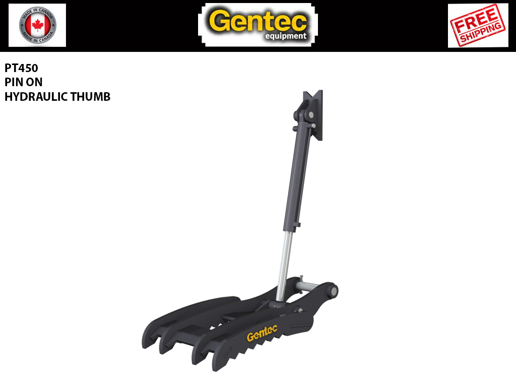 PT450 GENTEC Hydraulic Pin-On Thumb for 40,000lbs to 54,000lbs Excavator - 4 Tines
