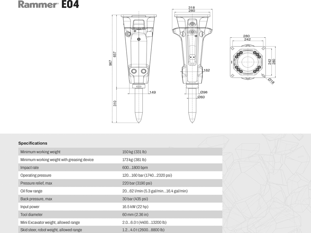 RAMMER Excellence Line Compact range hammer for mini excavators