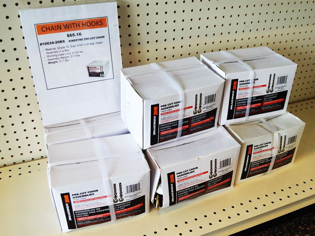 LIQUIDACIÓN - CONJUNTOS DE CADENA PRECORTADAS KINEDYNE DE 3/8" CON GANCHOS DE AGARRE EN UNA CAJA