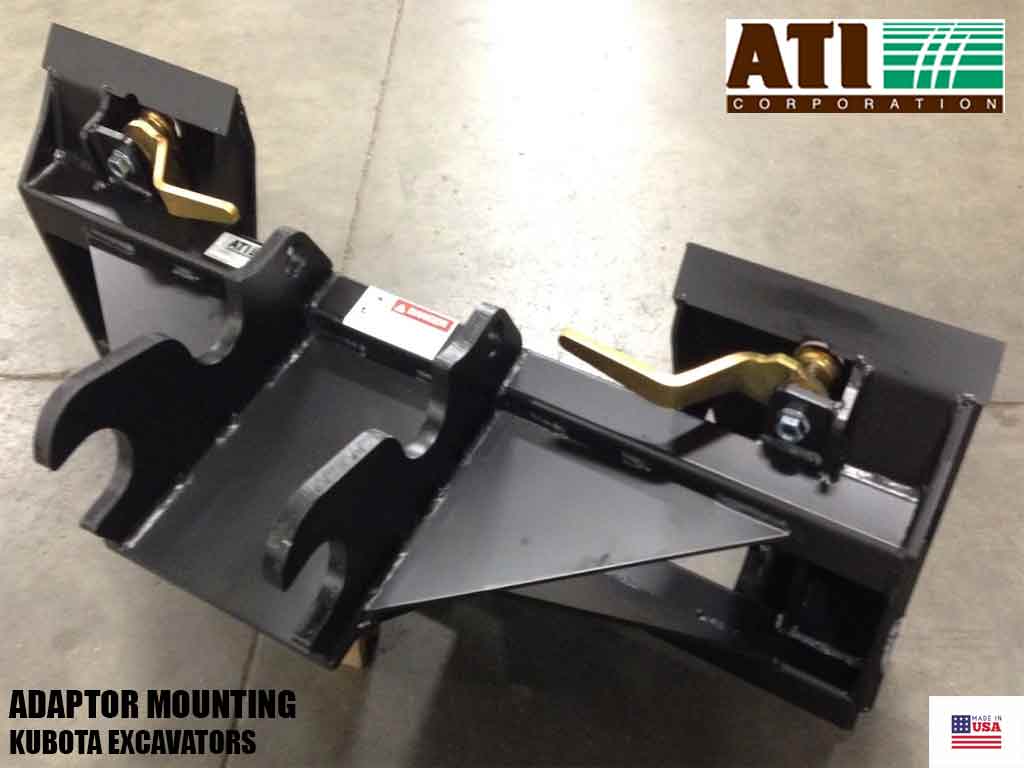 ATI adapter plate system, Kubota excavators can pick up Universal skid steer attachments