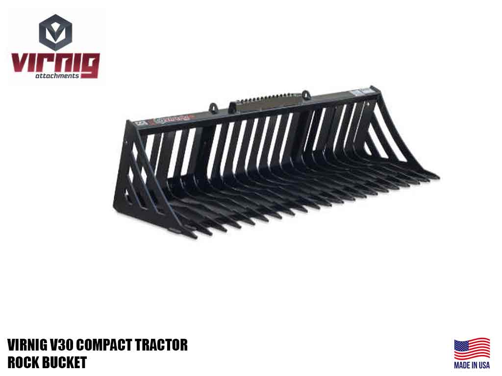Virnig V30 Compact Tractor Skeleton Rock Bucket for tractors with skid steer coupler